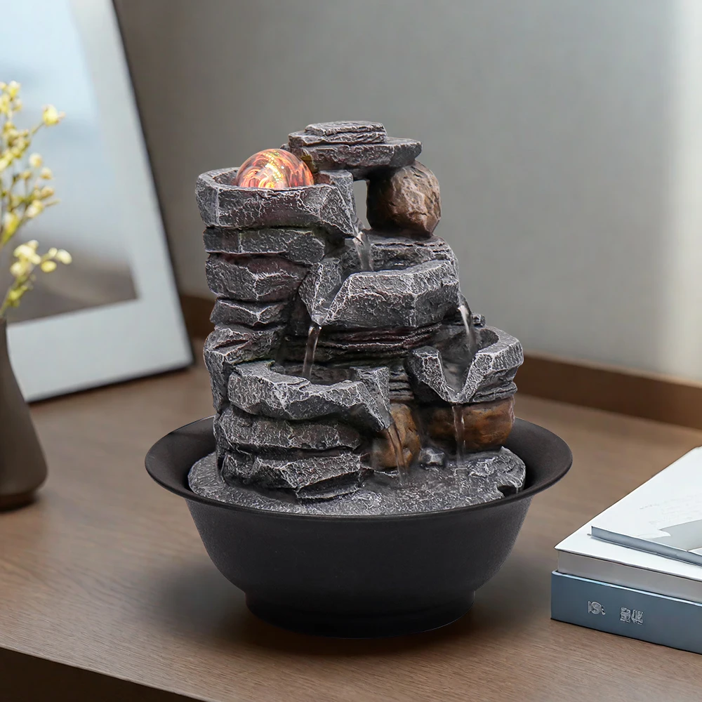 Fuente de Mesa con Flujo de Agua Relajante y Cascada de Rocas con Luces LED y Sonido - Fuente Interior de Resina para Oficina, Dormitorio, Sala de Estar
