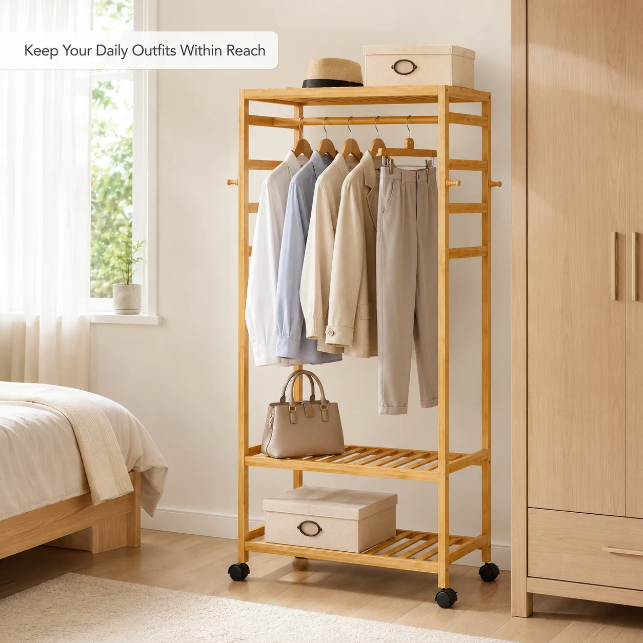 Rolling Bamboo Clothes Rack with Shelves and Hooks, Freestanding Garment Rack Organizer for Bedroom, Laundry Room and Entryway