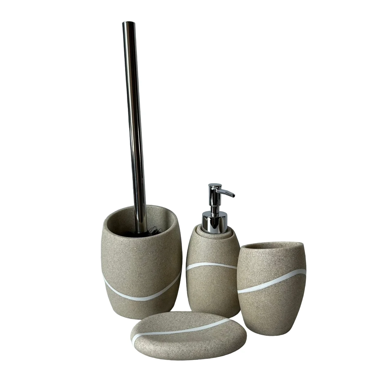Juego de accesorios de baño de poliresina redondo efecto piedra vaso loción dispensador plato de