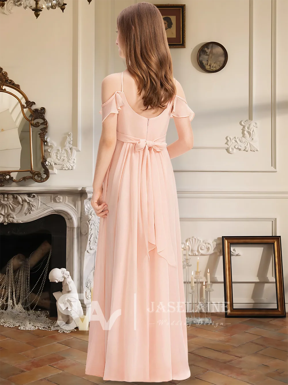 A Kids Junior Bridesmaid Dress Flower Girl Dress Chiffon Floor Length Halter A Line With Bow Spaghetti Straps Girls Party Dress