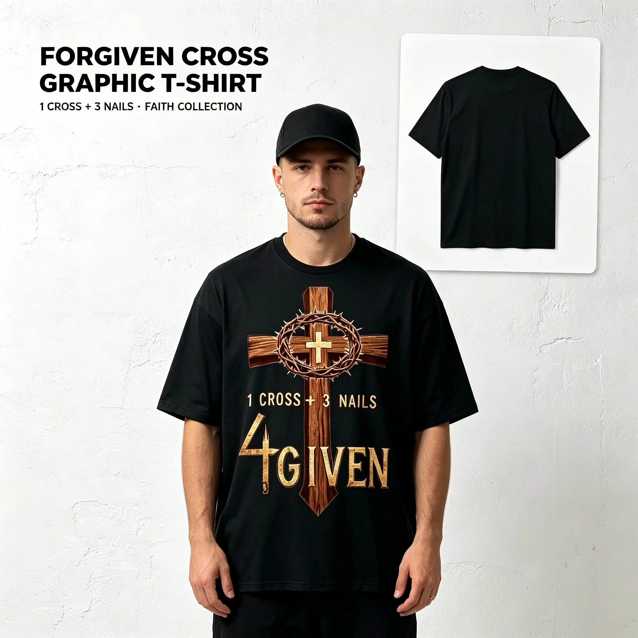 Easter Church Christian Cross Graphic T-Shirt, Vintage Casual Crew Neck Short Sleeve Tee, 1 Cross 3 Nails Print Pattern, Machine Washable for Daily Commute & Outdoor Activities
