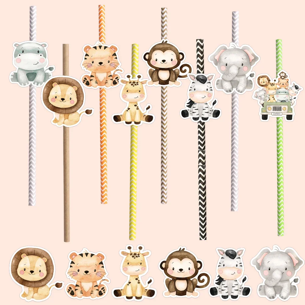 16 Stuks Karton Wild Dier Rietjes Eco Papier Rietjes Voor Kinderen Baby Douche Jungle Safari Gelukkige Verjaardag Feestdecoraties - afbeelding 2
