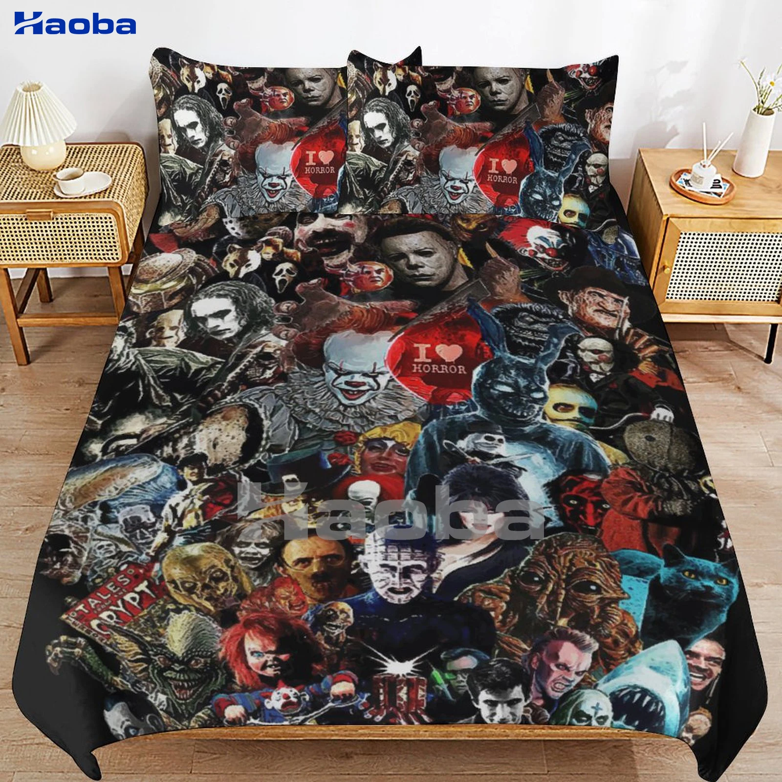 Juego de cama de tres piezas con estampado de personaje de película de terror para niños o adultos, fundas de edredón para camas, regalos de cumpleaños para mujeres y hombres