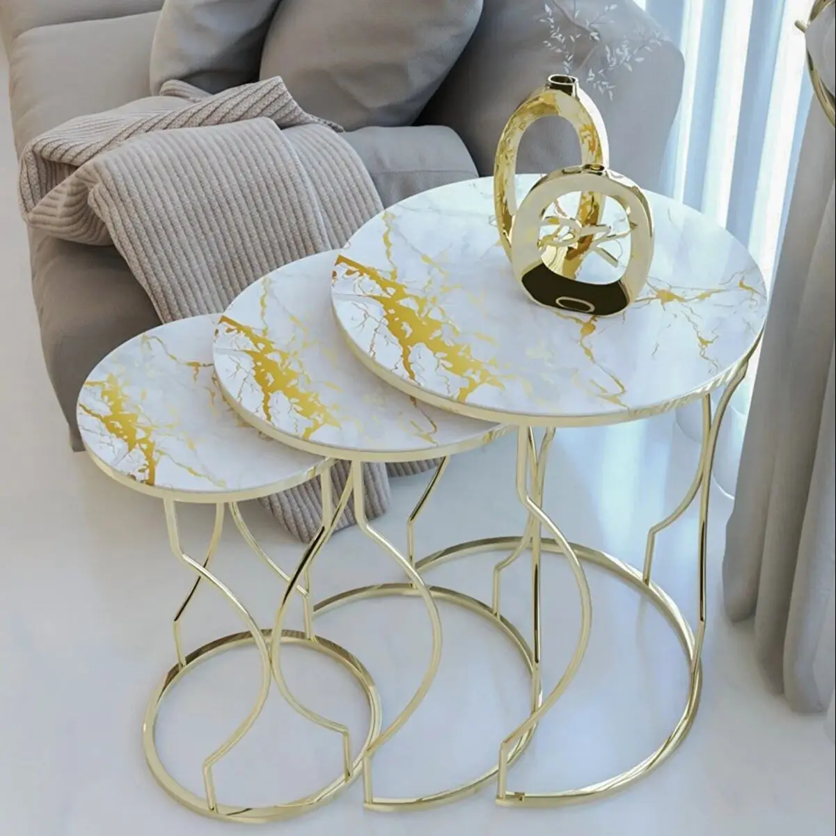 Decorative Set of 3 Nesting Coffee Table Unbreakable Tempered Glass Unique Modern Marble Patterned Gold Leg Set for Living Room