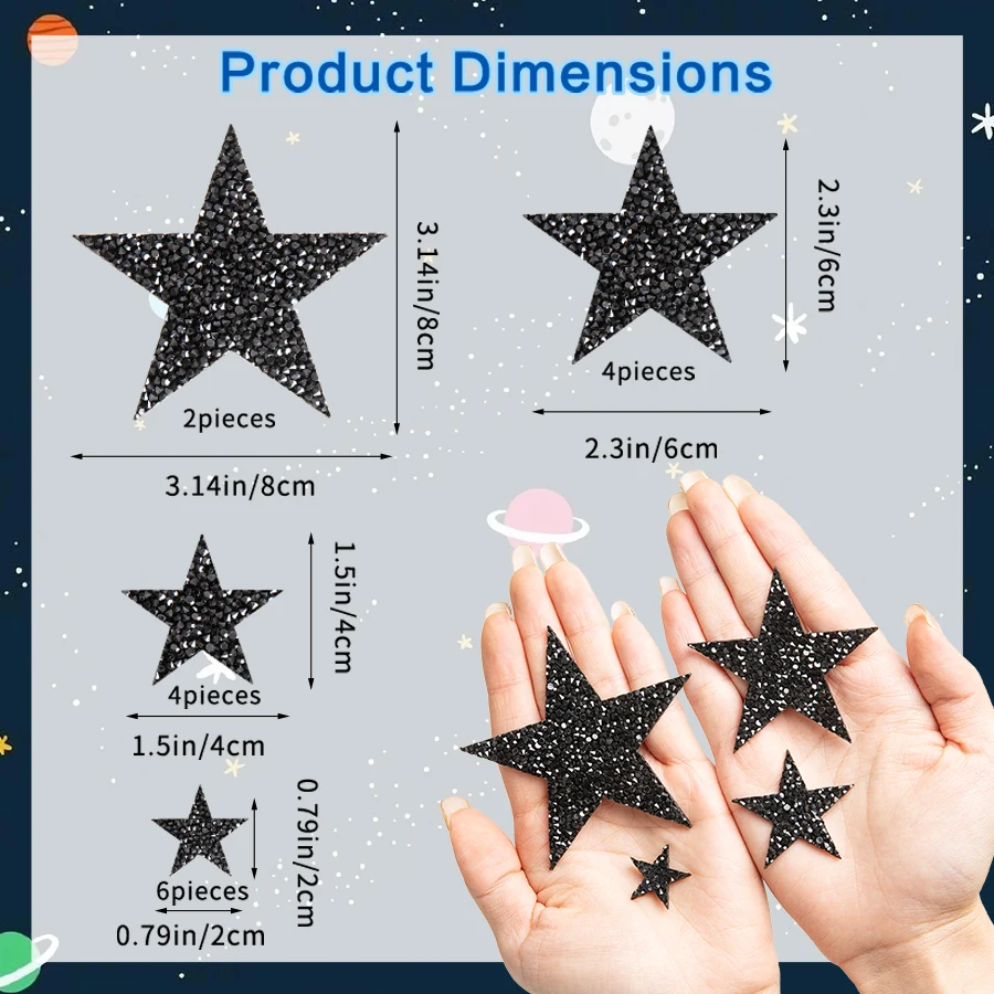 16Pcs 4Size Star Iron On Patch Silver Star Patch Iron Glitter Star Patch Star Shape Applique Patch Iron On Rhinestones Garment Jeans Shoes Bag Hat