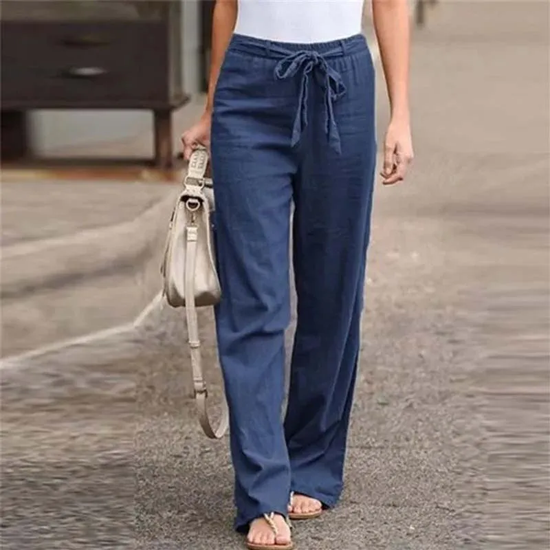 Woman Casual Cotton Pants Solid Lace Up Wide Leg Trousers Summer Fashion Streetwear Versatile Daily Female Clothing