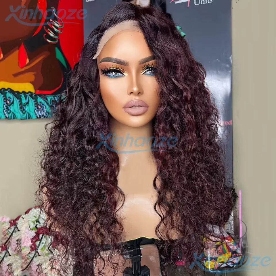 200 Density 1b/99j Burgundy 13x6/360 Lace Frontal Wigs Human Hair Transparent Preplucked Wine Red Colored Deep Wave Remy Hair