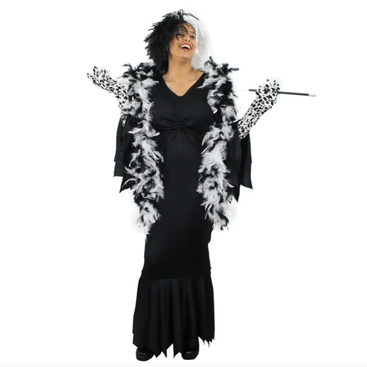 Ladies Evil Dog Lady Costume - Black Dress, Black & White Wig, Dalmatian Gloves, Boa & Cigarette Holder - World Book Day Outfit