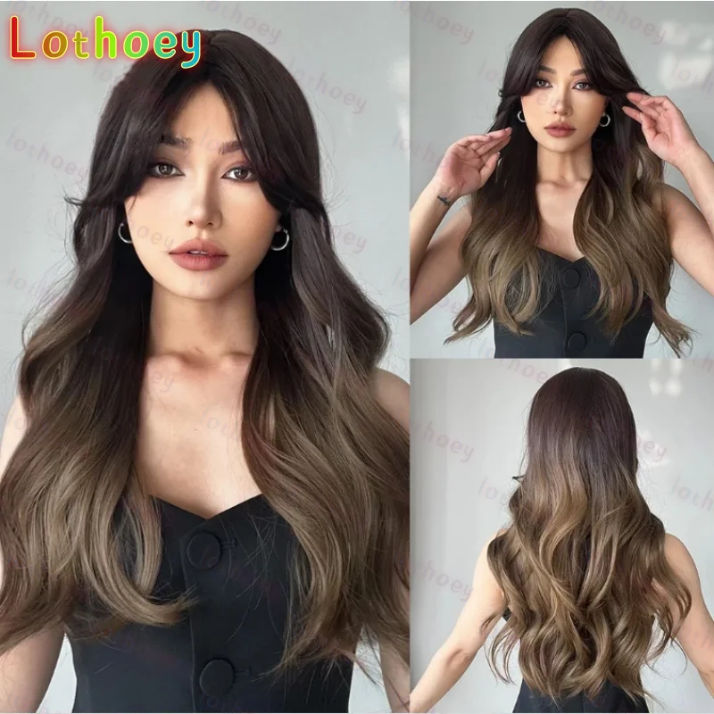 Коричневый для чернокожих женщин, длинные волнистые со светлыми бликами, косплей для повседневного использования на вечеринке, человеческие волосы