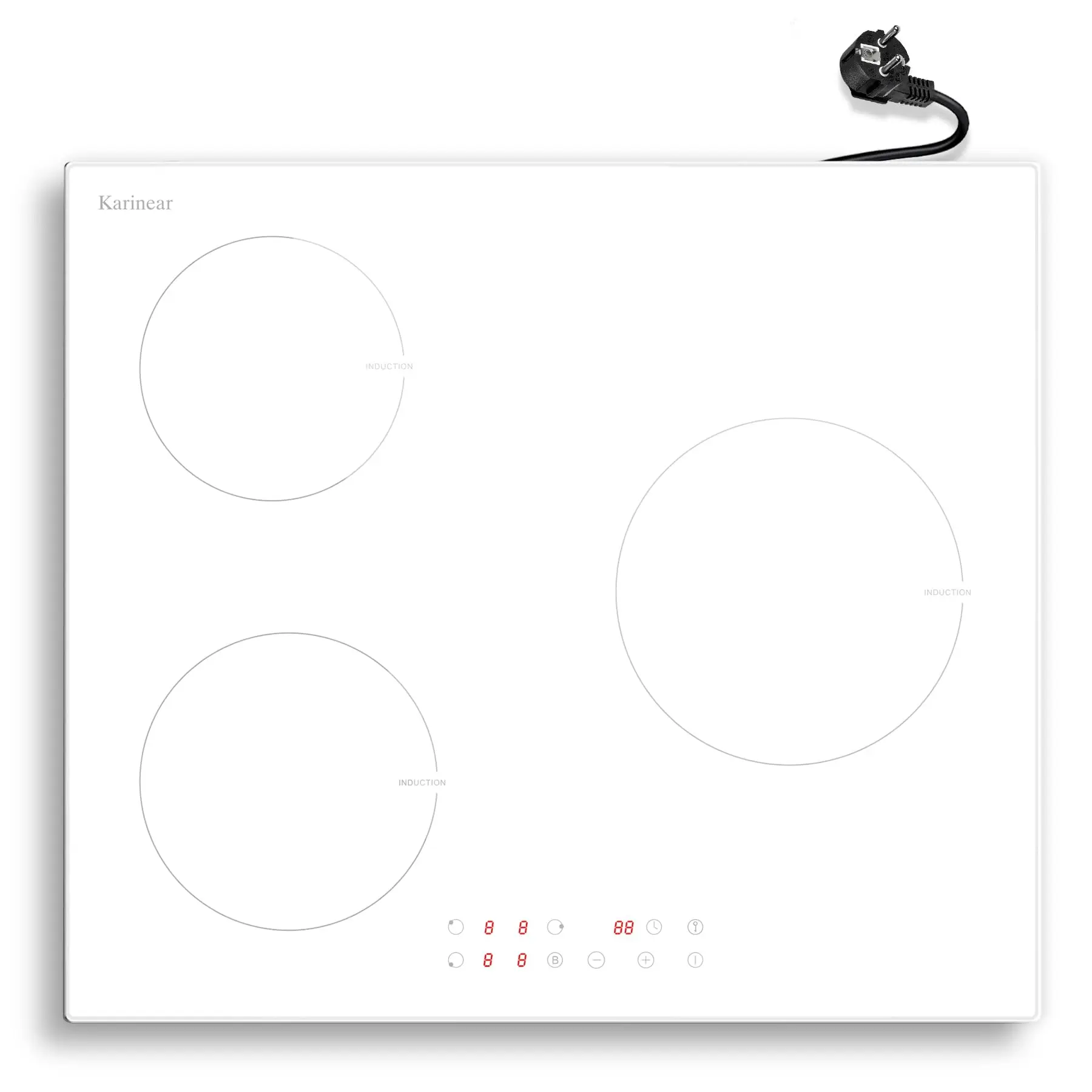 Placa de Inducción Karinear 3 Placas, Blanco con Enchufe, Instalación de Placa Autonoma 59 cm, Boost, Cerradura de Seguridad, Temporizador, 16 A, 220-240 V