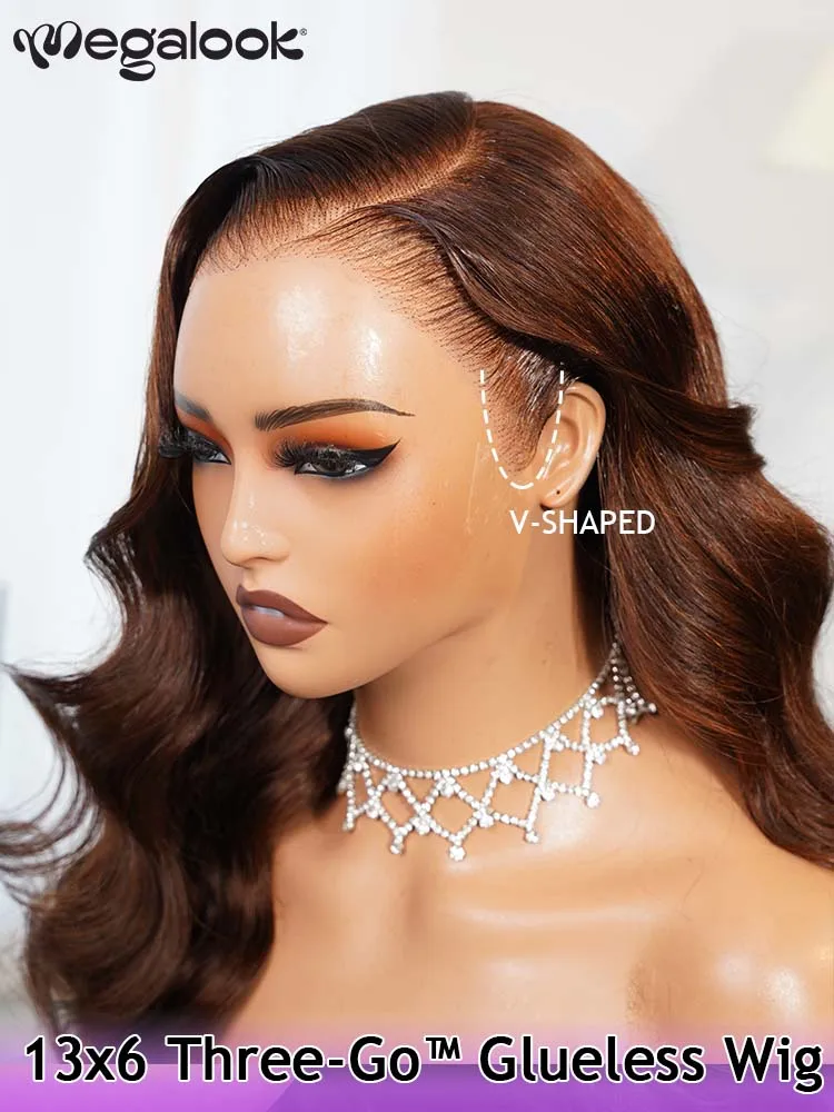 

Chocolate Brown 13x6 HD Glueless Human Hair Wigs Lace Frontal Pre Plucked Bye Bye Knots Silky Body Wave Wigs megalook hair 210%