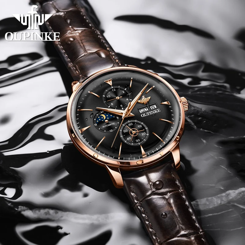 OUPINKE 3309 Orologio da uomo Originale di marca di lusso Movimento automatico Orologio meccanico Fasi lunari Design doppio calendario per uomo Data