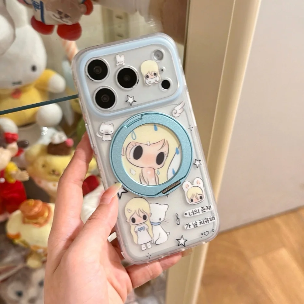 

Korean INS Cute Angel Girl Phone Case for iPhone 17 Pro 15 16 17 Pro Max 15 16Pro Shockproof Protective Case with Magnetic Stand