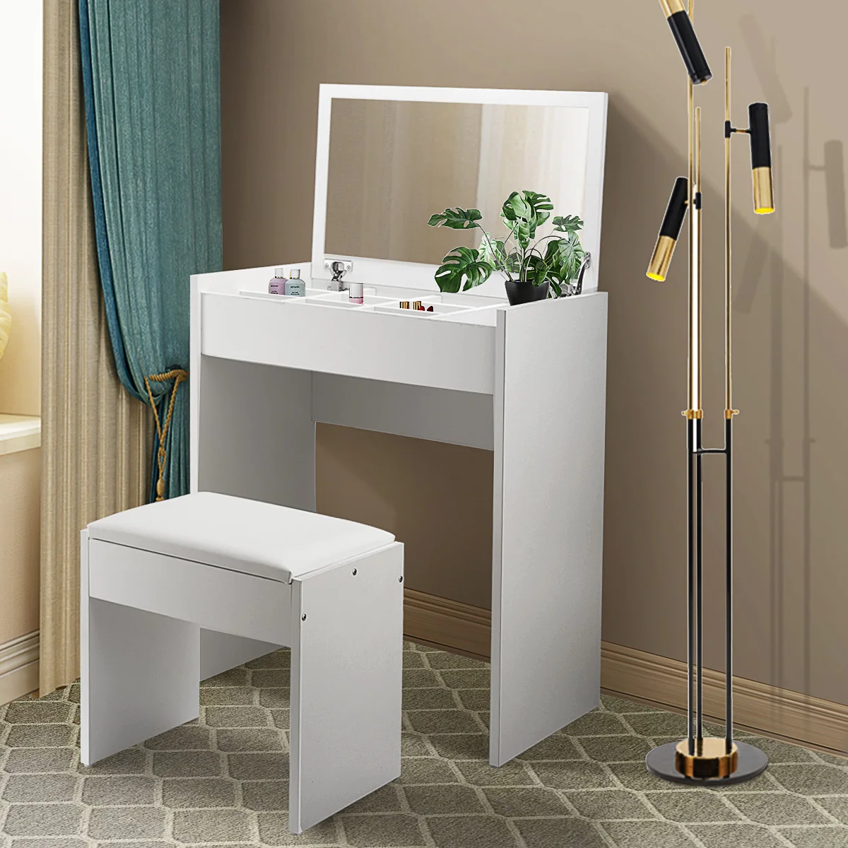 [Flash Sale]Makeup Table with Mirror Storage and Stool Lady's Dressing up Station White[US-Stock]