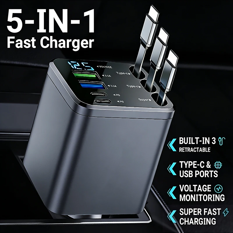 

Быстрое выдвижное автомобильное зарядное устройство с 3 кабелями USB Type-C — универсальный разъем, не требует аккумулятора, выходное напряжение 13,8 В, решение для зарядки в автомобиле