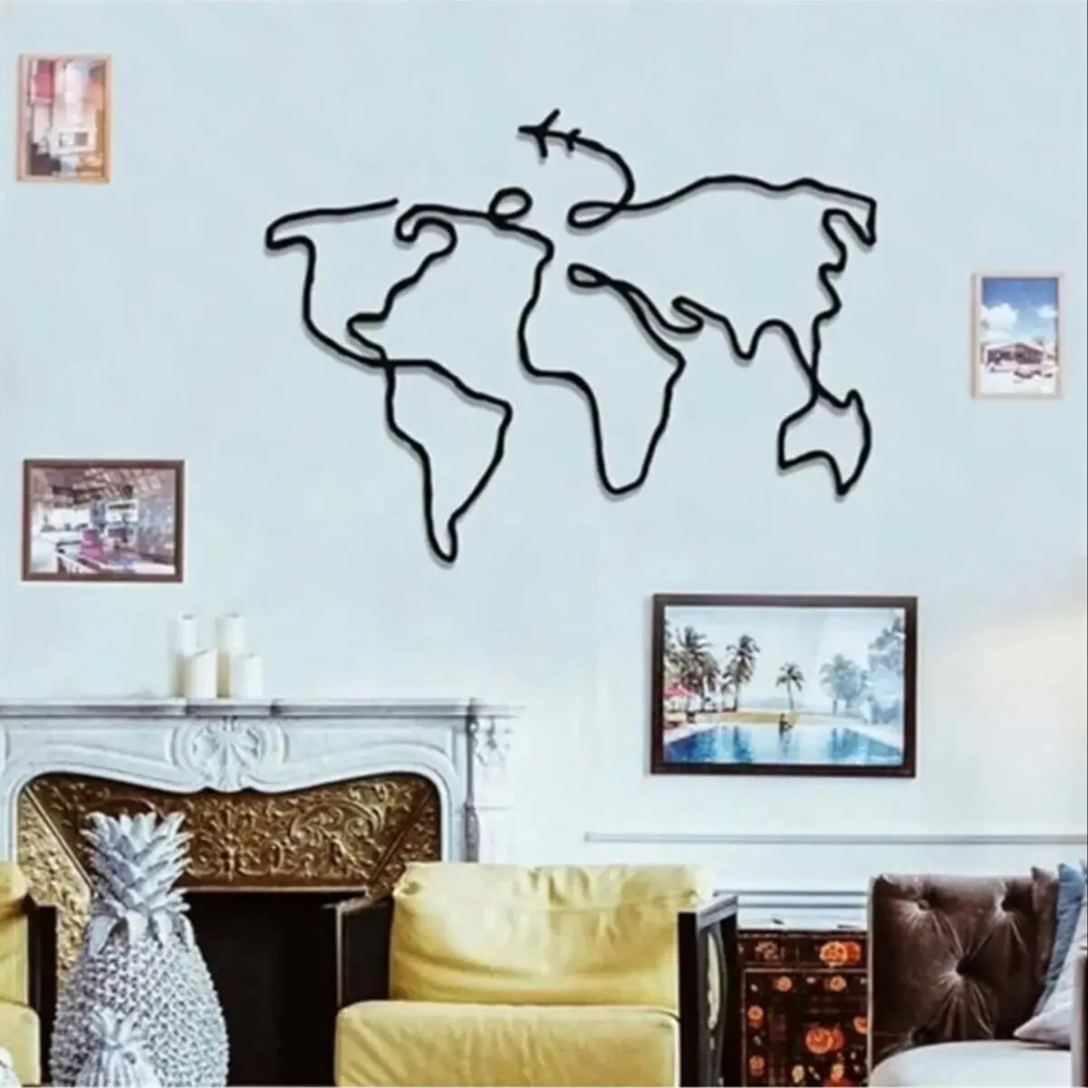 Decorative Metal World Map Asia Europe Continent Metal Wall Decor Minimalist Wall Art for Bedroom Living Room Kitchen Decoration