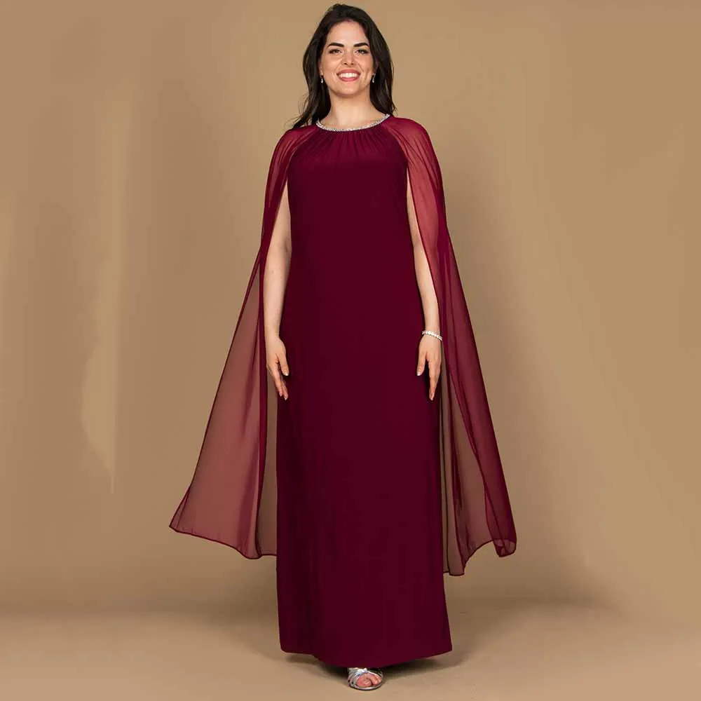 

Elegant Scoop Burgundy Mother Dresses Column Chiffon Wedding Party Gowns Long Cape Sleeves Of The Groom 2023