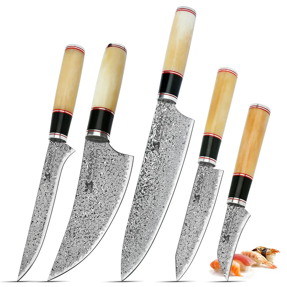 BIGSUNNY 5 pcs Knife Set Handmade Knives Chef Knife Set - damascus steel with Camel Bone Handle