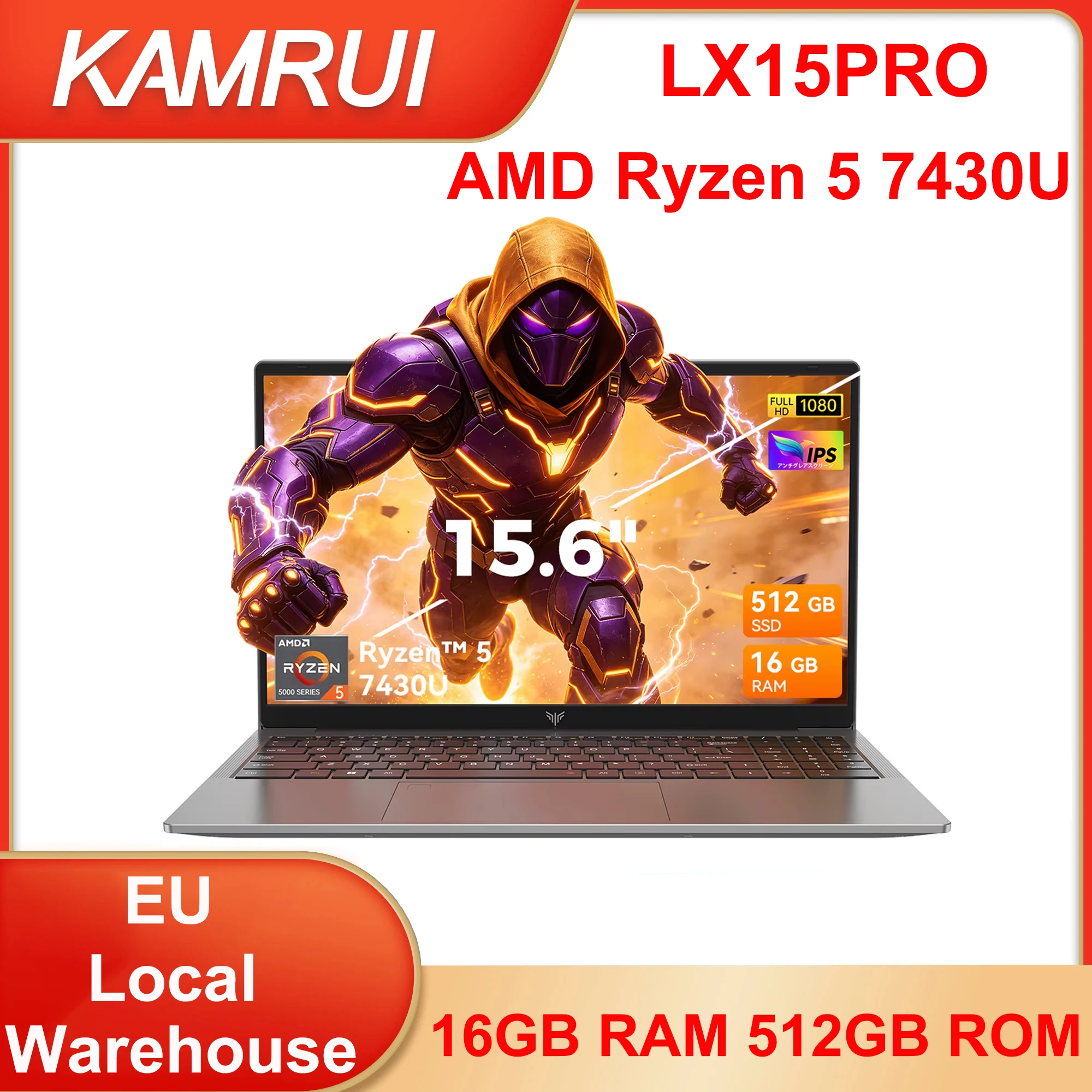 KAMRUI LX15PRO, portátil para juegos con procesador AMD Ryzen 5 7430U, pantalla de 15,6 pulgadas, resolución FHD, 16 GB de RAM DDR4, disco SSD M.2 de 512 GB, sistema operativo Windows 11, 180 grados. ° Portátil de oficina con Wi-Fi 6 y Bluetooth 5.