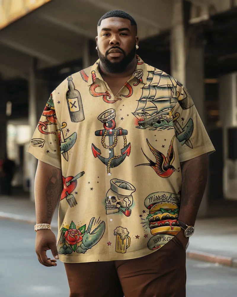Biggmans (L-9XL)For Men\'s Plus Size Shirt Oil Painting Life Tree Print Short Sleeved Oversized Men\'s Shirt
