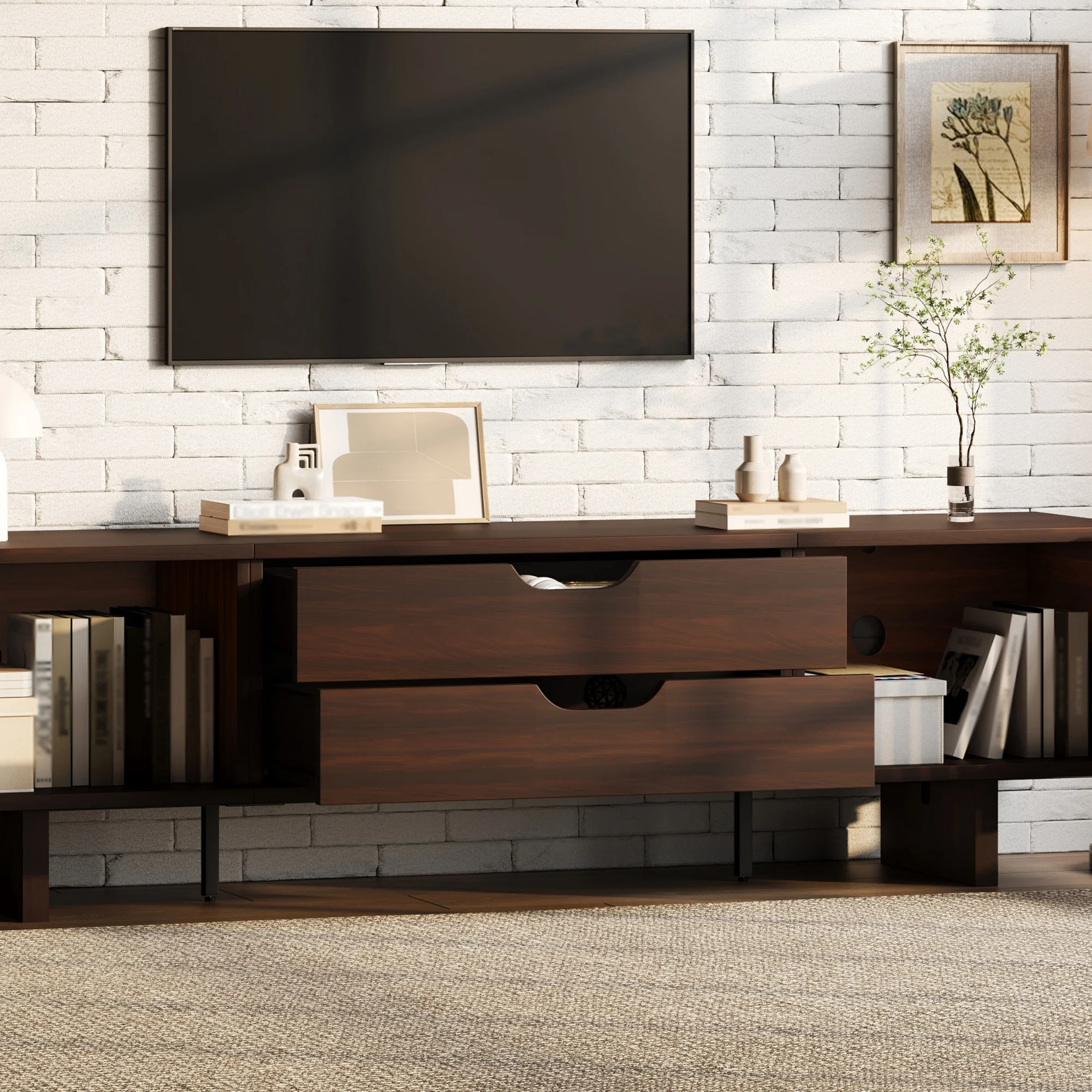 TV-meubel met 2 laden en 2 lamellendeuren - voor woonkamer - 180 × 40 × 45 cm - van MDF-donker eiken