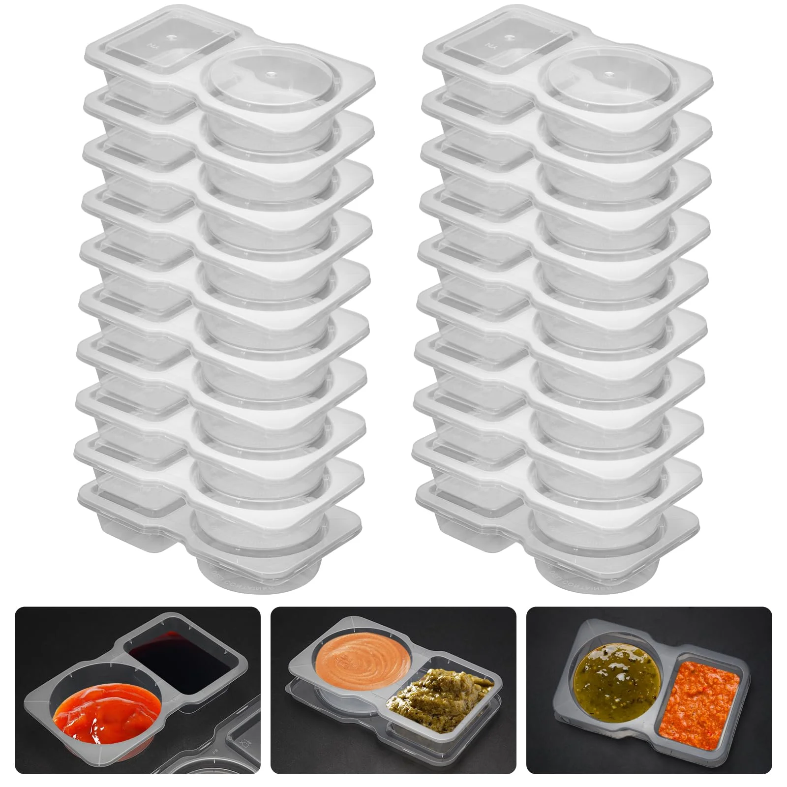 Dual Compartment Sauce Containers with Lids, Stackable Reusable Condiment Cups for Dips, Sauces & Meal Prep
