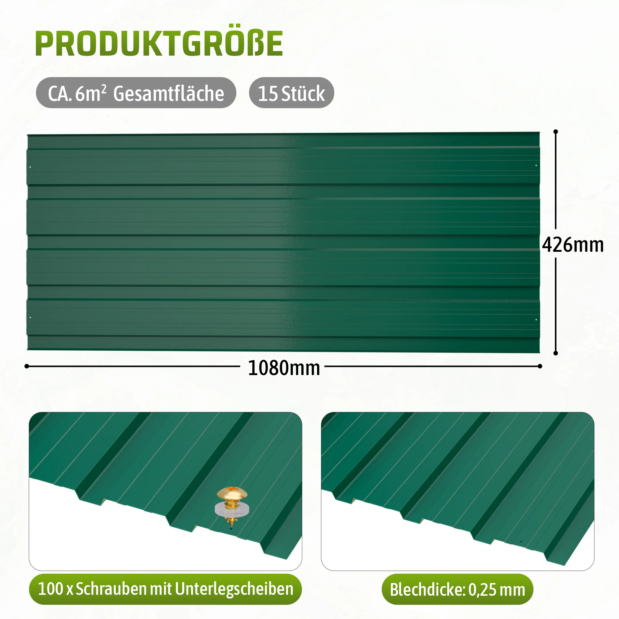 15 Stuks Metalen dakplaten 0.25 mm gegalvaniseerde trapezium dakplaten, waterdicht en UV‑bestendig, voor tuinhuis en prieel, Zwart, Grijs, Groen