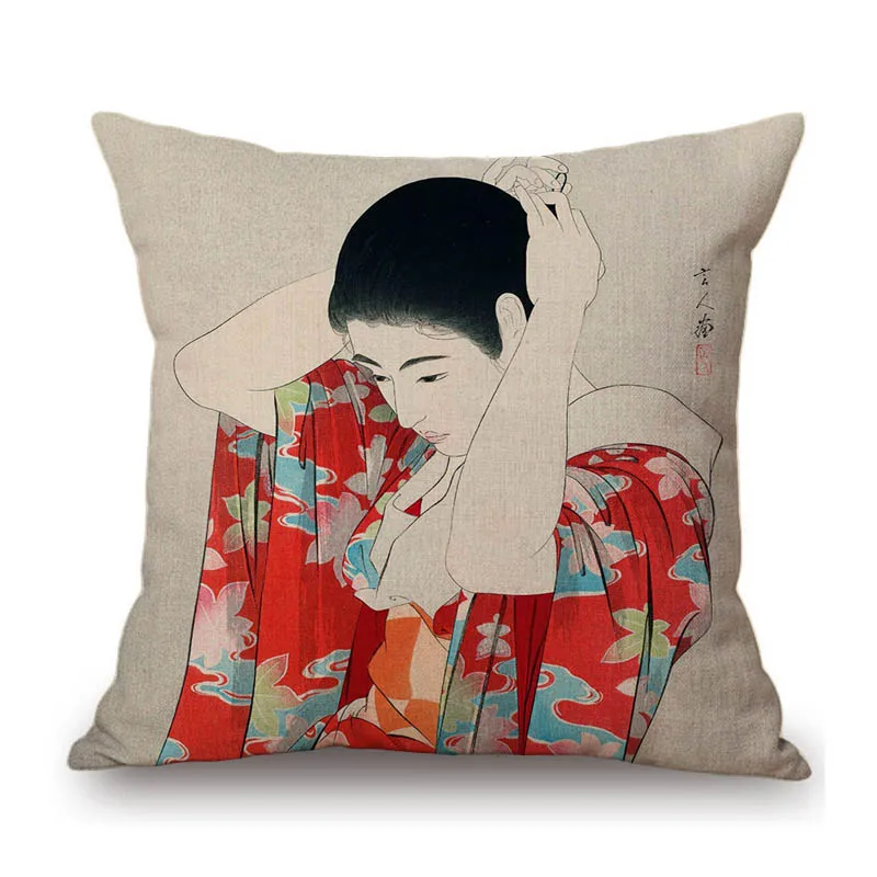 Ancient Japanese Ukiyoe Art Geisha Elegant Lady Asian Home Decoration Cotton Linen Sofa Throw Pillow Case Car Seat Cushion Cover