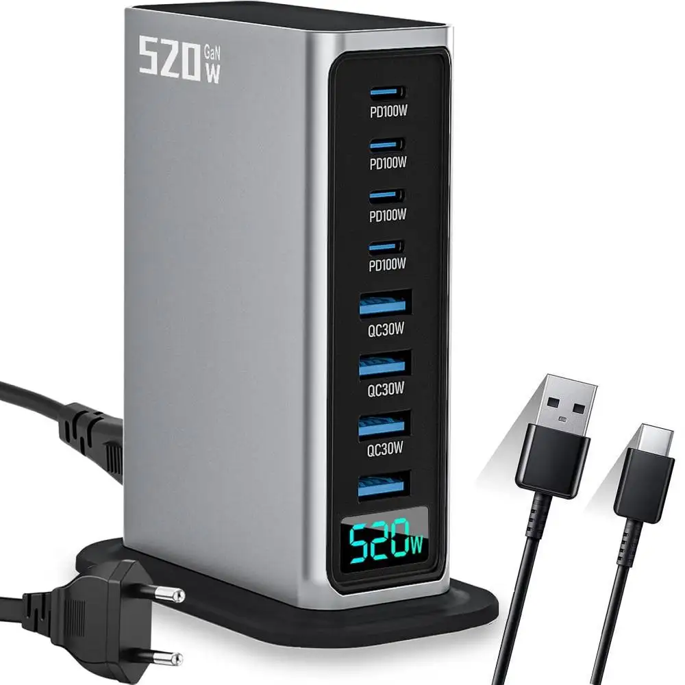 

520W Desktop GaN Charger with Data Cable 4C4A 100W PD USB Type C usb power hub Mobile Phone Laptop Fast Charging Station