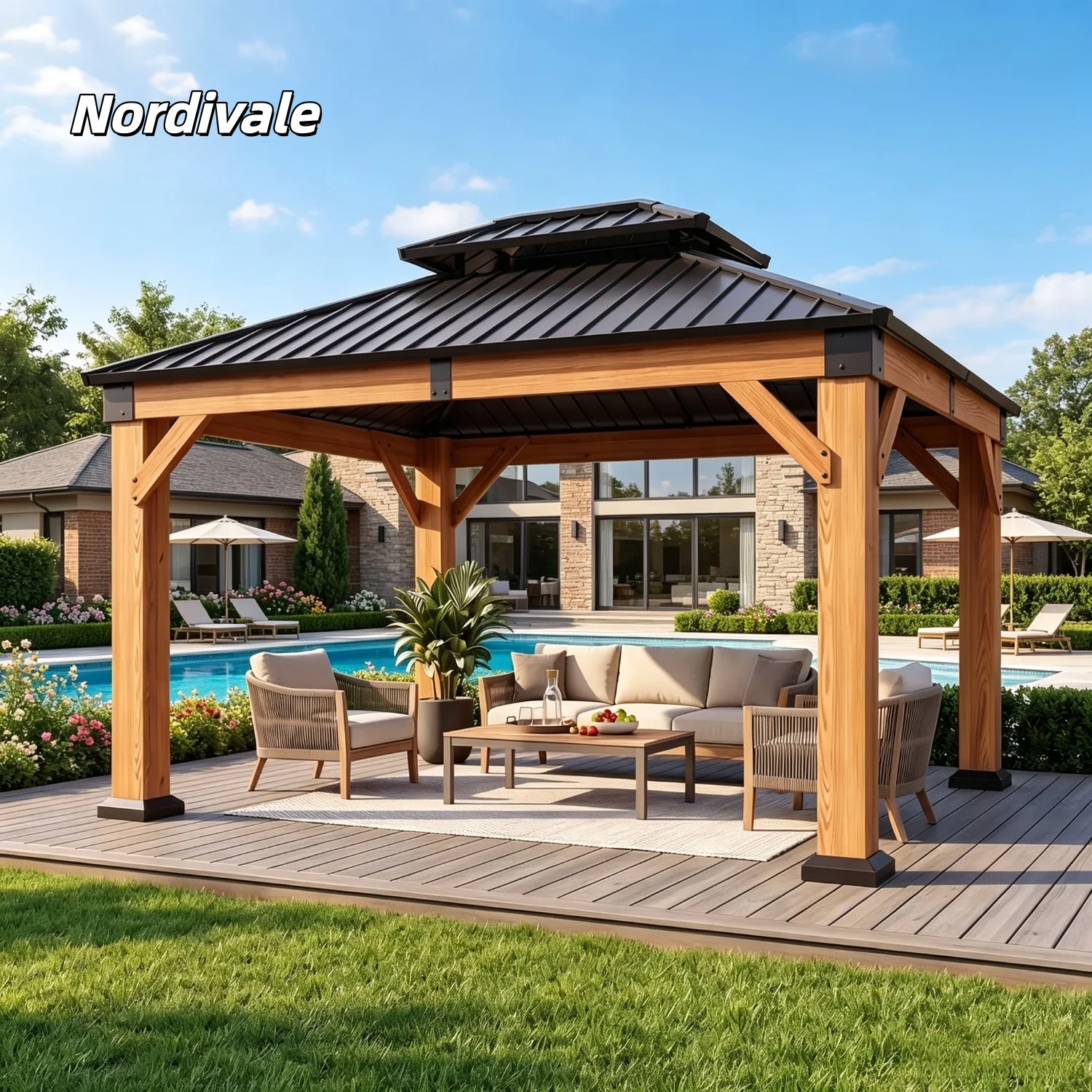 Nordivale 10x12Ft Hardtop Fragrant Fir Wood Gazebo Double Roof Galvanized Steel Outdoor Patio Deck Pavilion Permanent Structure