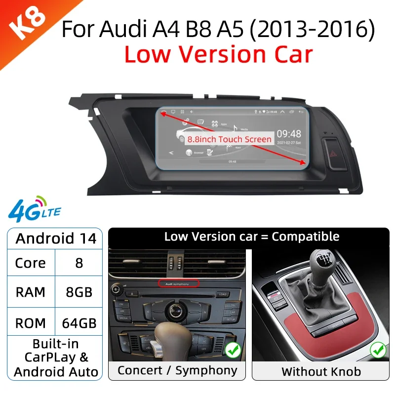 Android 14 Draadloze Carplay Autoradio voor Audi A4 B8 A5 2008-2017 GPS Autoradio IPS Touchscreen Multimedia Android Auto BT DSP