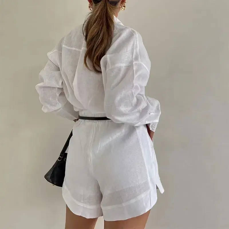 Women White Blue Lapel Button Shirts 2 Pieces Sets Casual Solid Long Sleeve Blouse High Waist Shorts Set Summer Elegant Suit