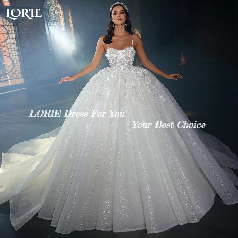 LORIE Glitter Lace Wedding Dresses Spaghetti Straps Shiny 3D Flowers Sweetheart Bridal Gowns Puffy Princess Bride Dresses 2024