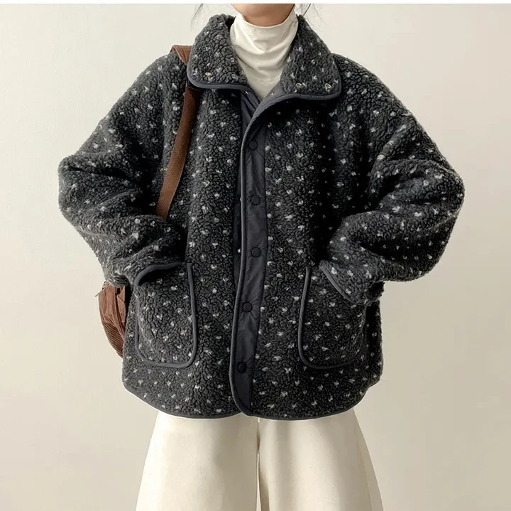 3 farben Herbst Winter Koreanische Chic Stil Woolen Jacke frauen Casual Lose Lamm Pelz Koreanischen Stil Floral Warme Mantel weibliche (hf7416)