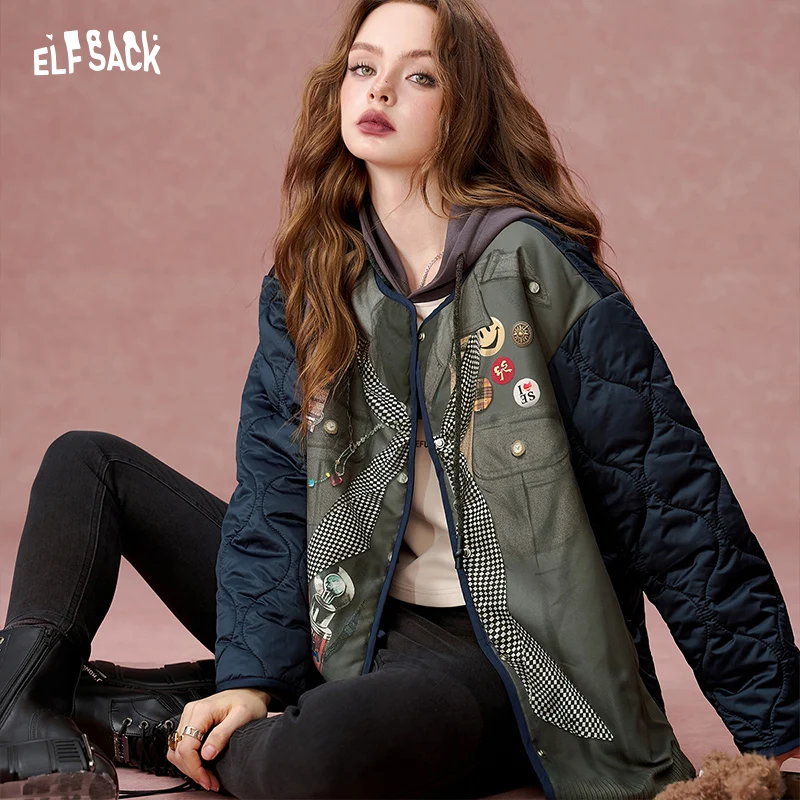 ELFSACK 2024 Autumn New Arrivals Printed loose retro mid-length casual cotton jacket for women,