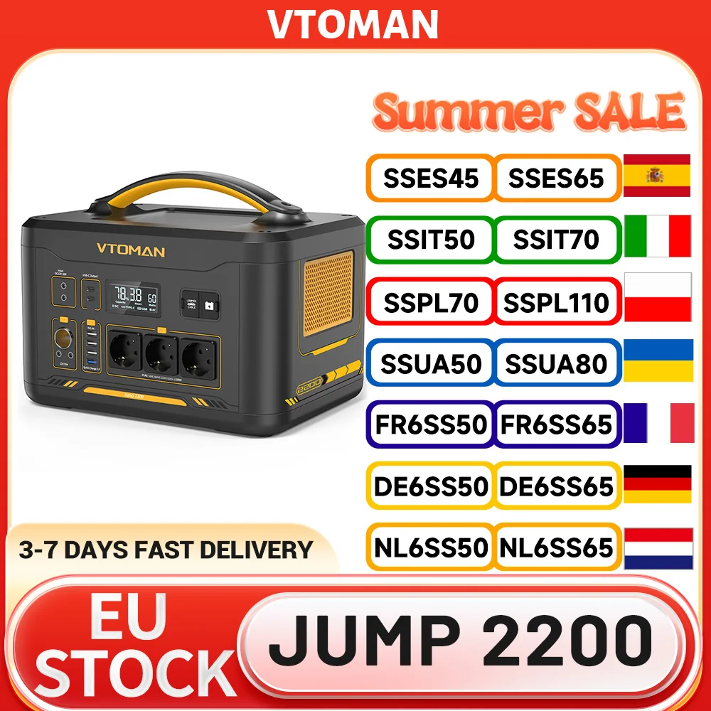 Station d'alimentation portable VTOMAN Jump 2200, batterie LiFePO4 1548Wh, sortie AC 2200W, extensible jusqu'à 3096Wh, 12 sorties, LIFEBMS ™