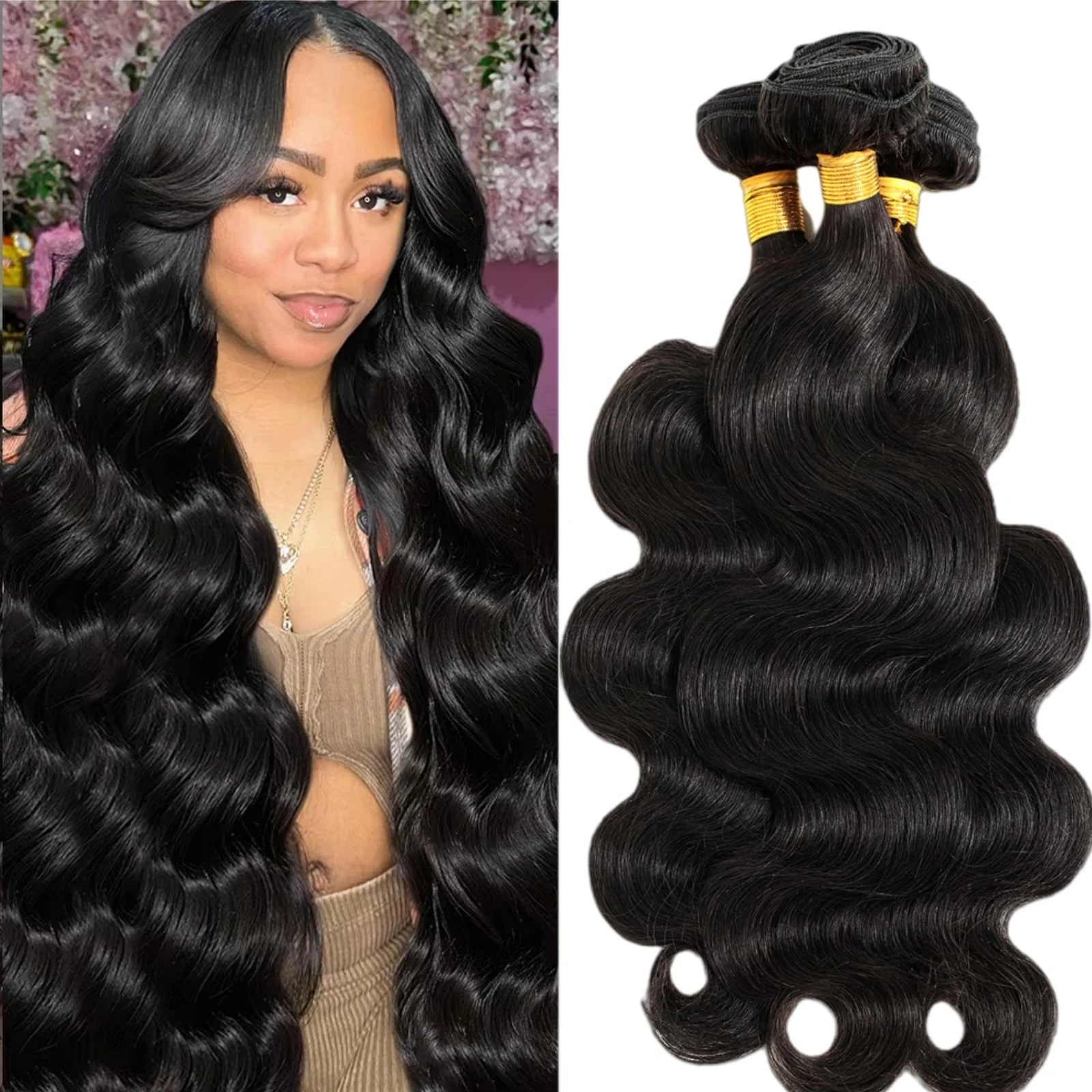 شعر بشري مموج 1 3 حزم شعر بشري حقيقي 100% حزمة شعر بشري غير معالج وصلات شعر بشري للنساء # 1B اللون الأسود الطبيعي