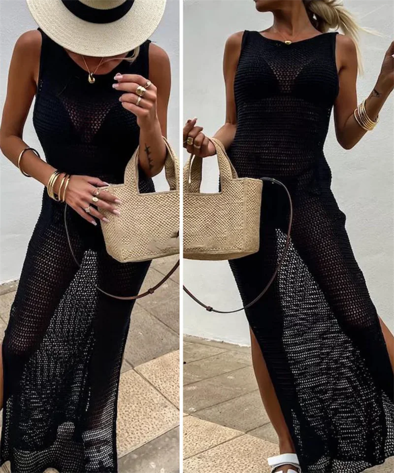 Women Sleeveless Side Slit Long Bandage Dress Sexy Crochet Bikini Cover-Up Beach Knit Swimsuit Female Swimwear Beachwear Outfits