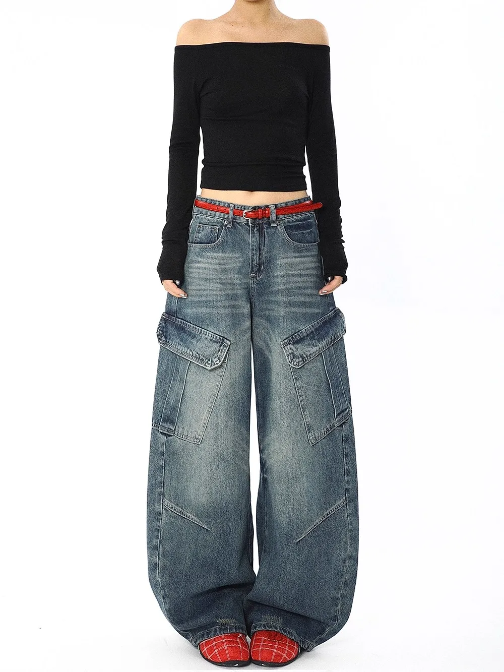 

Женские синие рабочие джинсы в стиле ретро Y2k с несколькими карманами, шикарные американские повседневные свободные прямые джинсы с высокой талией 2000-х годов, широкие рабочие брюки