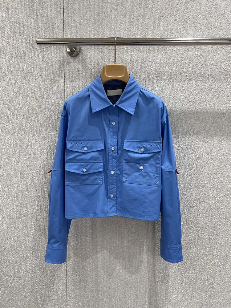 

Новая осенне-зимняя женская модная синяя рубашка из чистого хлопка с отложным воротником, однобортной застежкой и четырьмя карманами