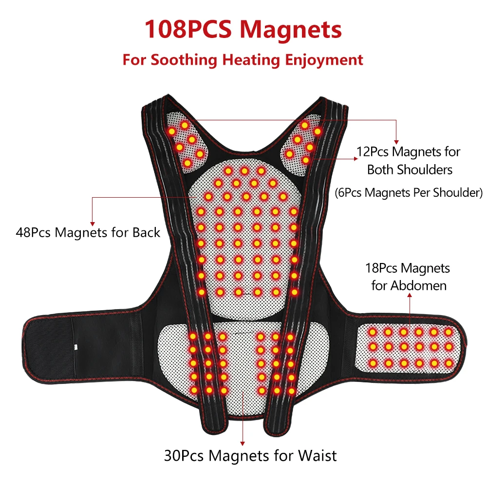 Tourmaline Self-heating Back Support Belt 108pcs Magnetic Therapy Waist Back Shoulder Posture Corrector Spine Lumbar Brace Pain