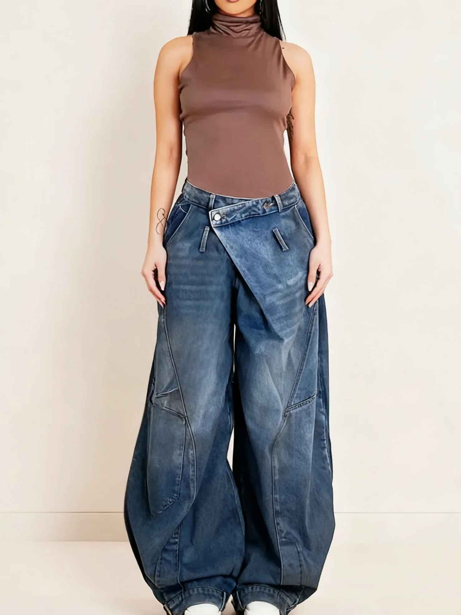 

Уличные модные потертые женские джинсы с перевернутой талией в стиле ретро