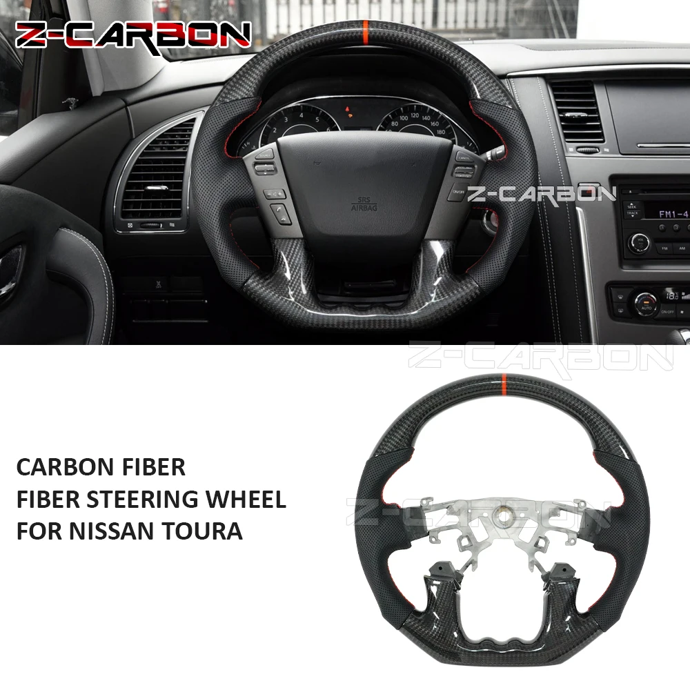 LED Steering Wheel Carbon Fiber For Nissan Patrol Y62 2012-2018 Perforated Leather Steering Wheel Interior Modification