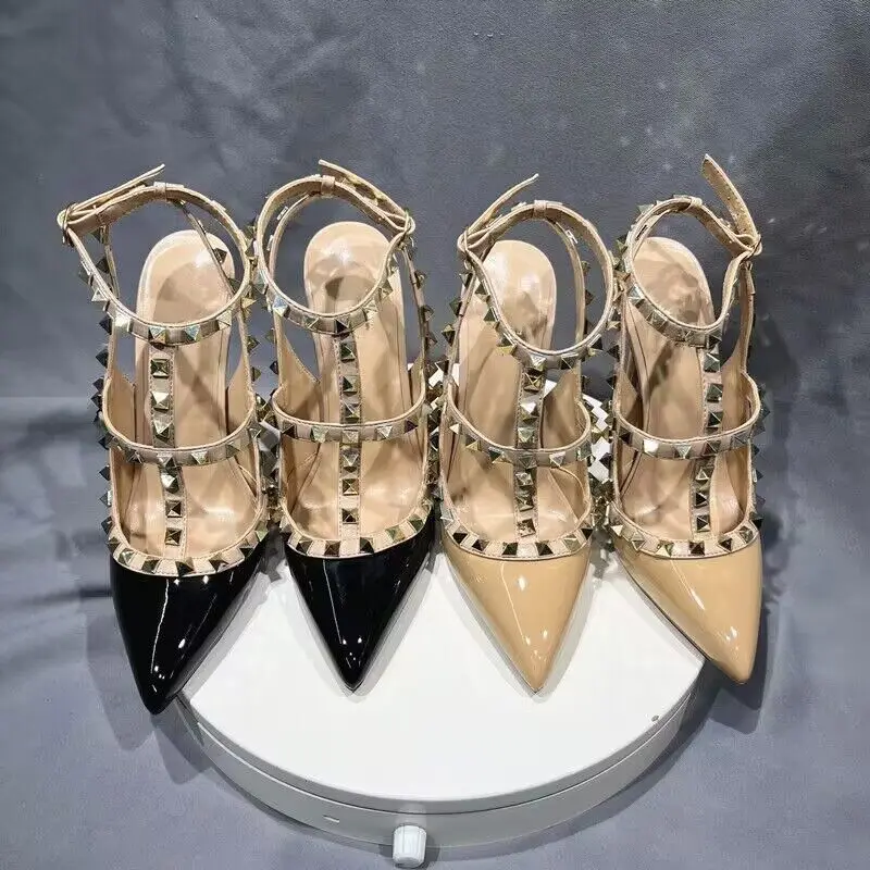 Pink Leather Rivets Women Pumps Pointed Toe Slingbacks Heels Ankle Strapy High Heels Sandals Parties Shoes