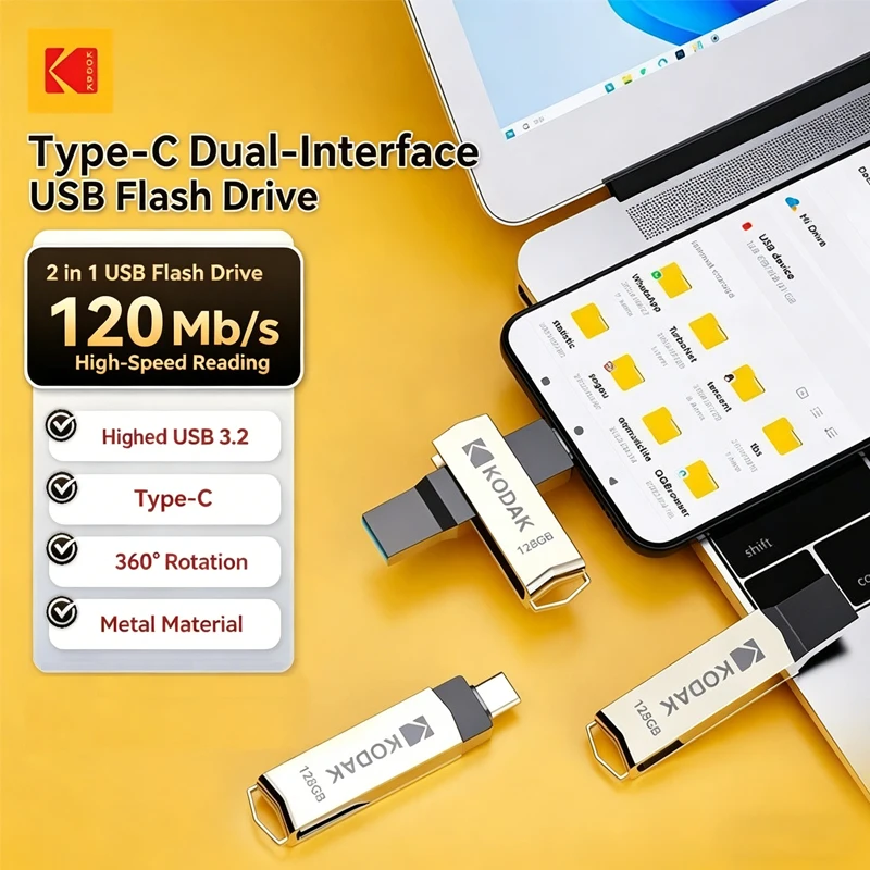 KODAK K273 USB 3.2 Type C Dual USB Flash Drive 32GB 64GB 128GB 256GB Metal OTG Pen Drive for Phone Tablet Laptop