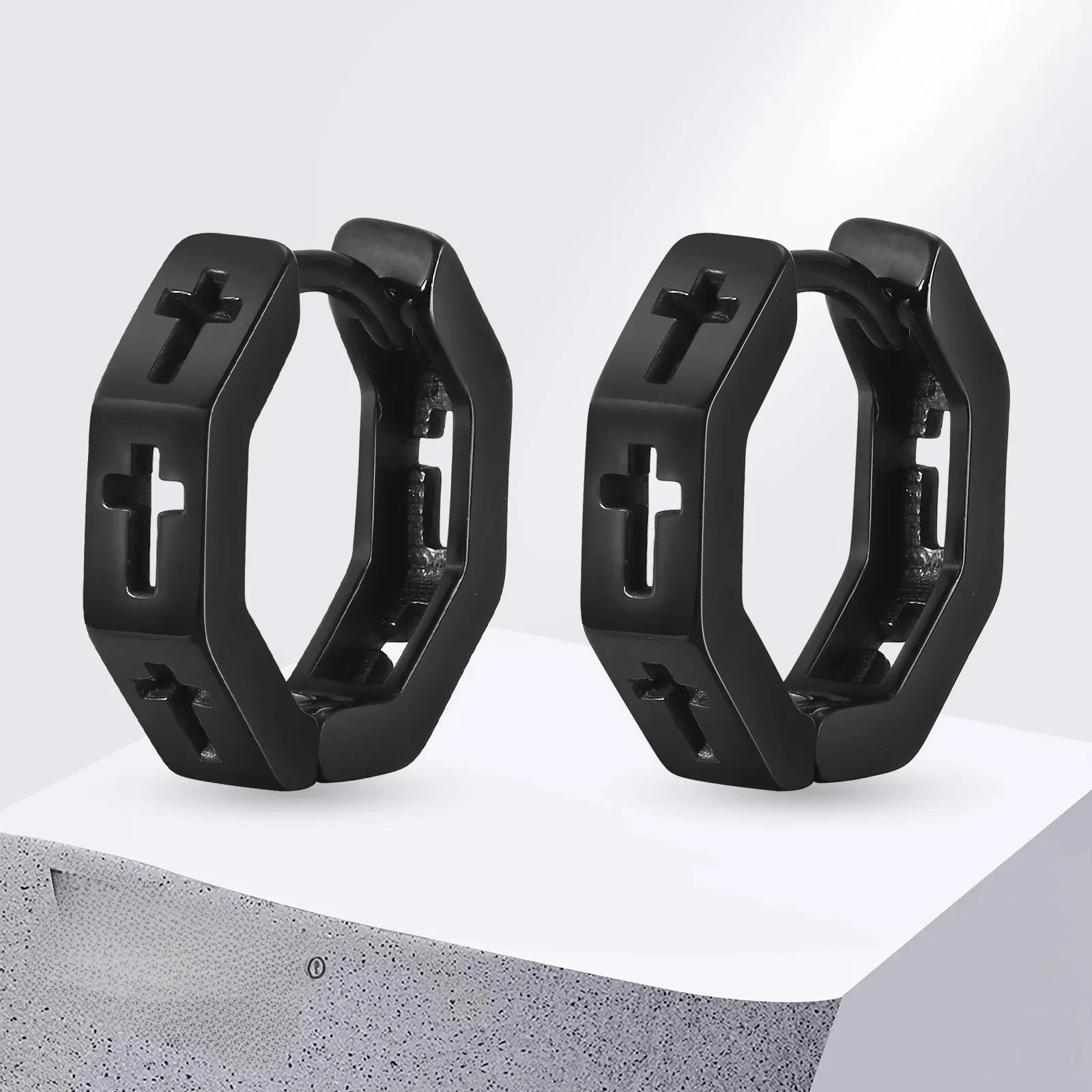 Vnox antyalergiczne kolczyki koła ze stali nierdzewnej dla mężczyzn chłopcy, Hollow Cross Huggies, geometryczna ośmiokątna biżuteria do uszu — zdjęcie 2