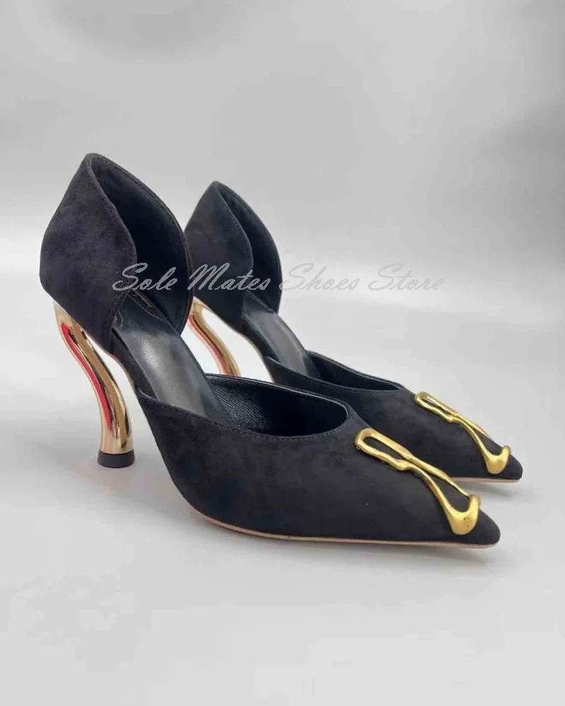 

2025 Black Women's Cow Suede Pointed Toe Sandals Metal Buckle Shallow Elegant Pumps Special Shaped Heels Luxury Lady Dress Shoes