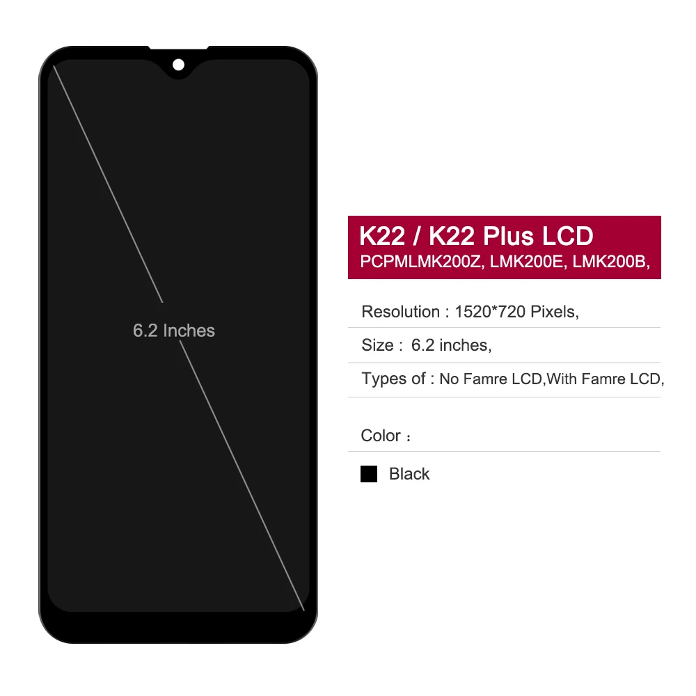 6.2'' High Quality For LG K22 Display Touch Screen Assembly Digitizer For LG K22 LCD LMK200Z, LMK200E, LMK200B Screen With Frame