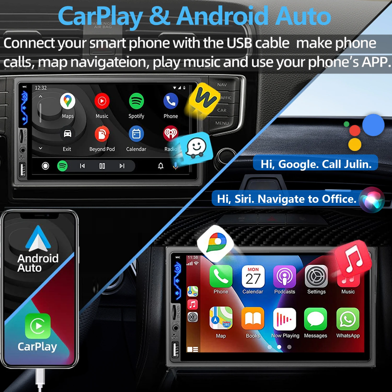 Naifay 7 Inch HD Touchscreen Car Stereo 2 Din Car Video Player CarPlay Android Auto with Bluetooth Rear View Camera USB AUX TF