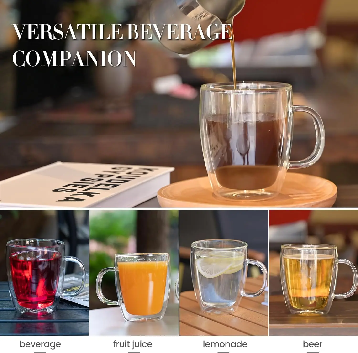 Double walled coffee cup (4-Pcak) 16 oz transparent cup with handle, insulated, cappuccino, tea, heat-resistant latte cup